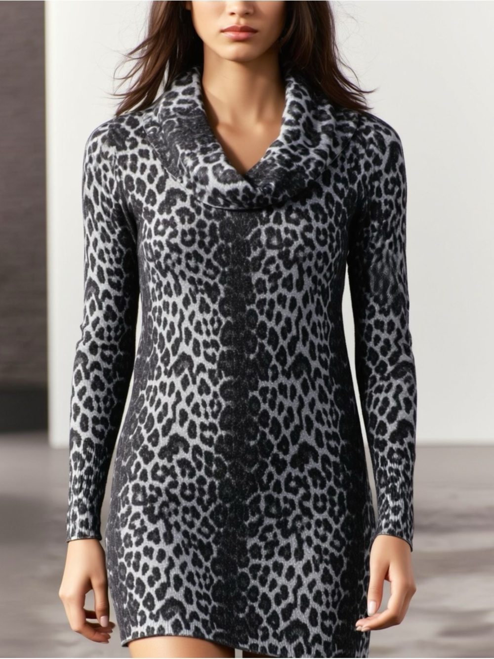 Cache Silver Gray Sparkle Leopard Sweater Size XL Cowl Neck Long Fitted Y2K Mob